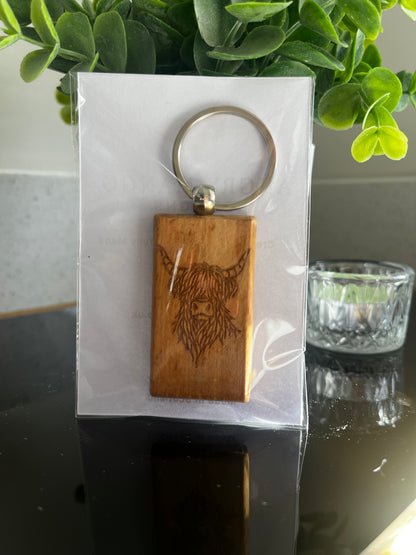 Engraved Wooden Keyrings - Scottish Line Art
