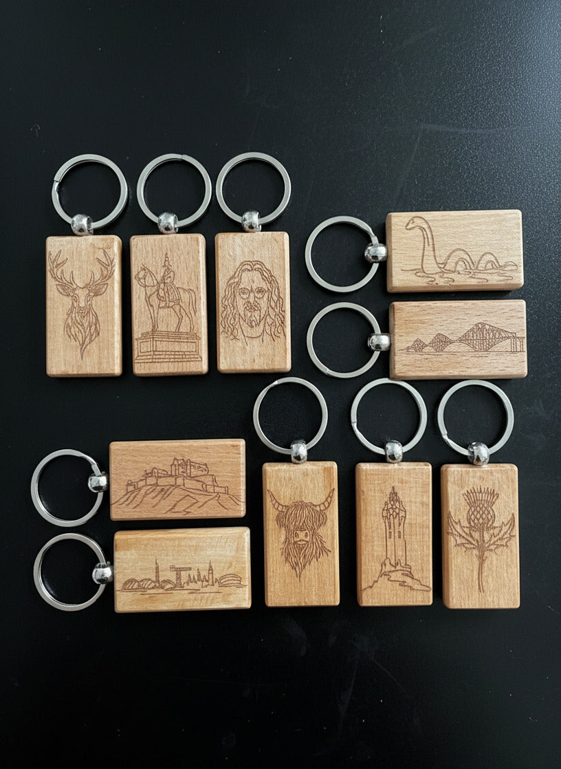 Engraved Wooden Keyrings - Scottish Line Art